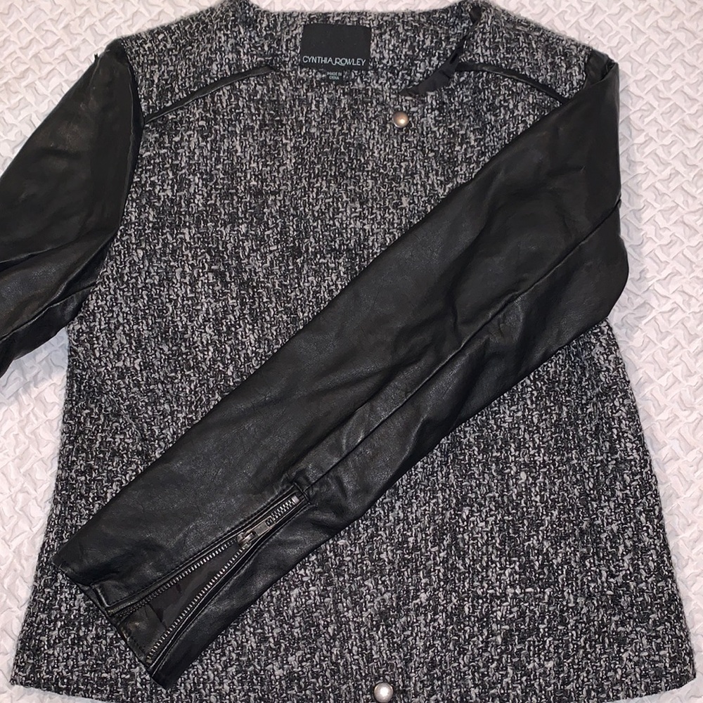 Cynthia rowley jacket! Leather sleeves. Button / zipper option